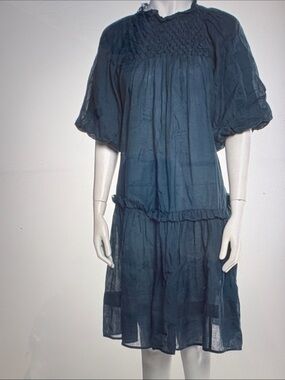 Blue Puff Sleeve Smocked Yoke Women's Dress Sea New York mock neck size small